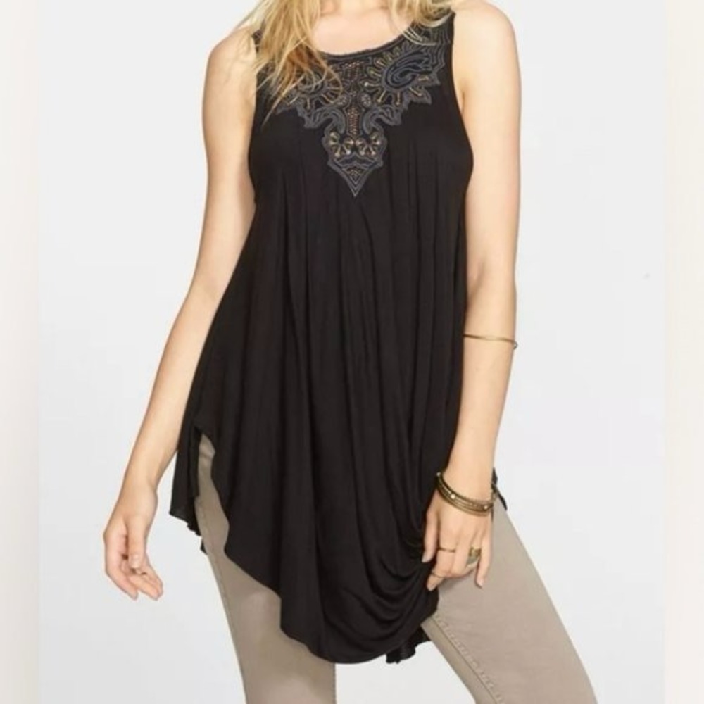 Free People Black Tunic with Blue Embroidery